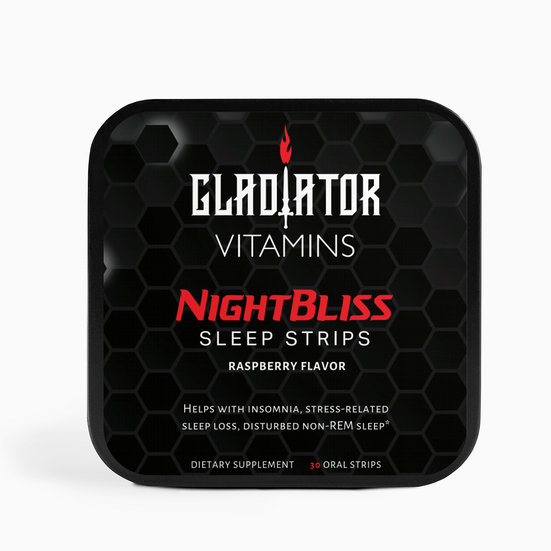 NightBliss | Sleep Strips (Raspberry) | Discover rejuvenating sleep with NightBliss. Valerian, Lavender, Chamomile, Hibiscus, and Melatonin, these strips support restful nights and energized mornings. | $24.99 | Gladiator Vitamins