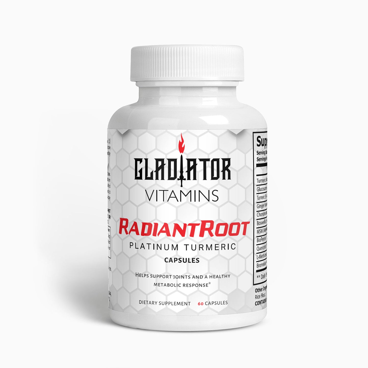 RadiantRoot | Platinum Turmeric | Enhance wellness with RadiantRoot Platinum Turmeric. Turmeric, glucosamine, Boswellia, and piperine for joint support and improved absorption. | $22.99 | Gladiator Vitamins