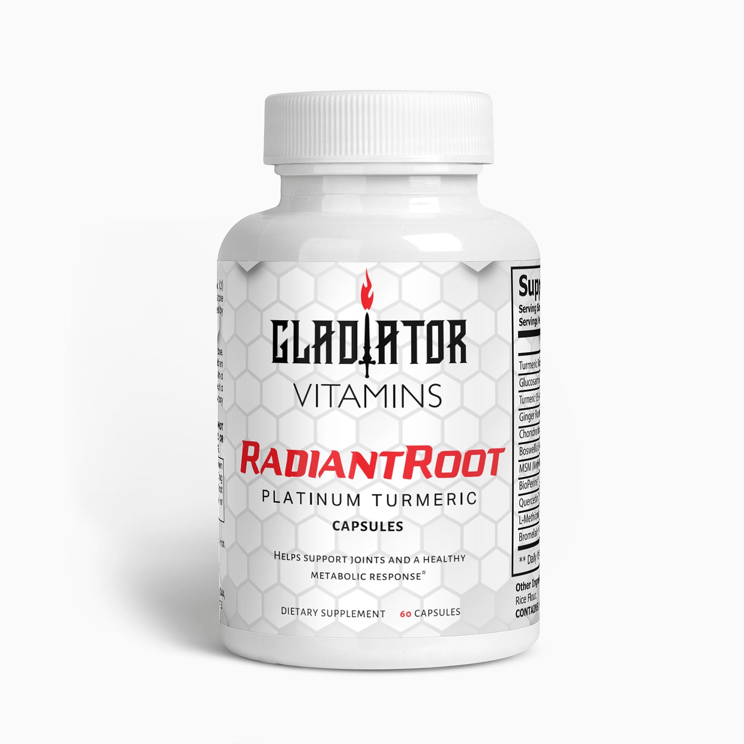 RadiantRoot | Platinum Turmeric | Enhance wellness with RadiantRoot Platinum Turmeric. Turmeric, glucosamine, Boswellia, and piperine for joint support and improved absorption. | $22.99 | Gladiator Vitamins