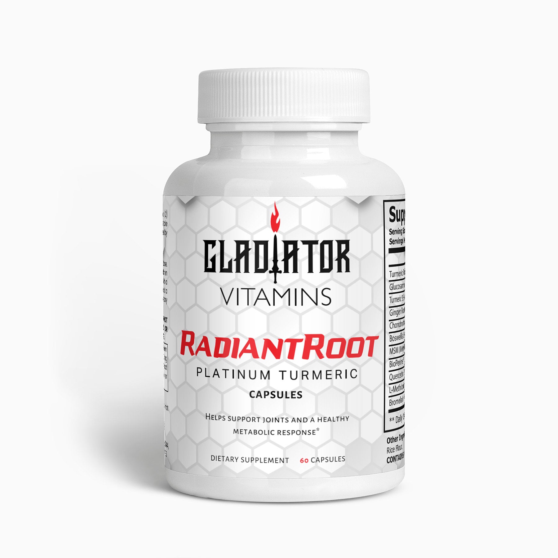 RadiantRoot | Platinum Turmeric | Enhance wellness with RadiantRoot Platinum Turmeric. Turmeric, glucosamine, Boswellia, and piperine for joint support and improved absorption. | $22.99 | Gladiator Vitamins