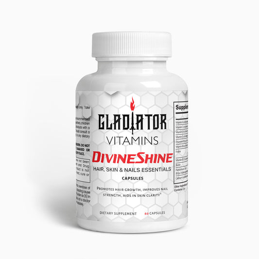 DivineShine | Hair, Skin & Nails Essentials | Unveil your natural glow with DivineShine Hair, Skin & Nails Essentials – a blend of Vitamin B6, Folate, and Biotin to enhance elastin and radiance. | $22.99 | Gladiator Vitamins