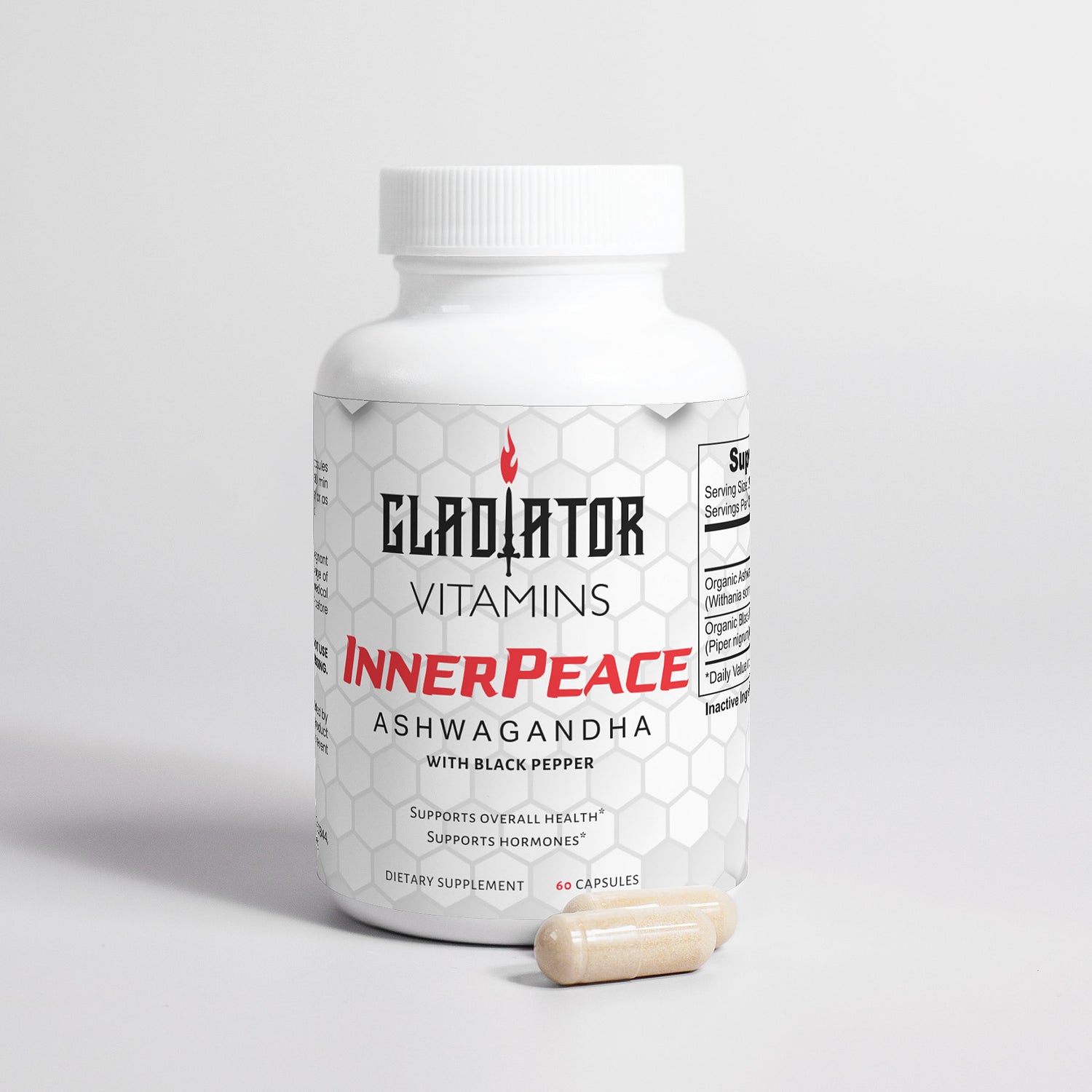 InnerPeace | Ashwagandha | Find calm with InnerPeace Ashwagandha – helps balance stress hormones and supports holistic well-being with ancient Ayurvedic wisdom. | $23.99 | Gladiator Vitamins