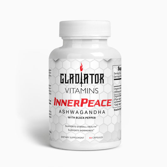 InnerPeace | Ashwagandha | Find calm with InnerPeace Ashwagandha – helps balance stress hormones and supports holistic well-being with ancient Ayurvedic wisdom. | $23.99 | Gladiator Vitamins