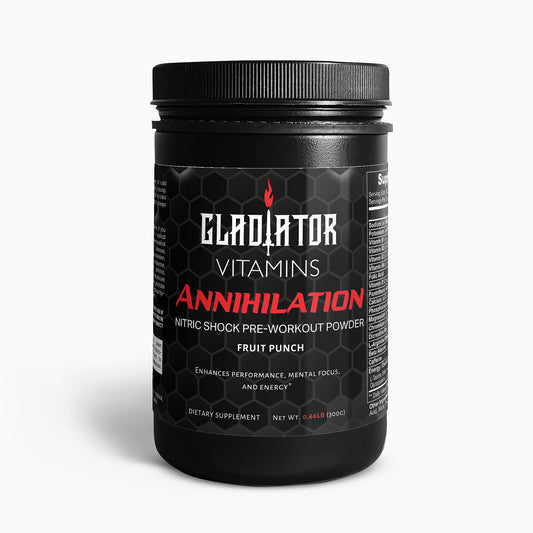 Annihilation | Nitric Shock Pre-Workout Powder (Fruit Punch) | Ignite your workout with Annihilation. 23 advanced nutrients boosts strength, endurance, and mental focus, helping you push limits and achieve peak performance. | $33.99 | Gladiator Vitamins