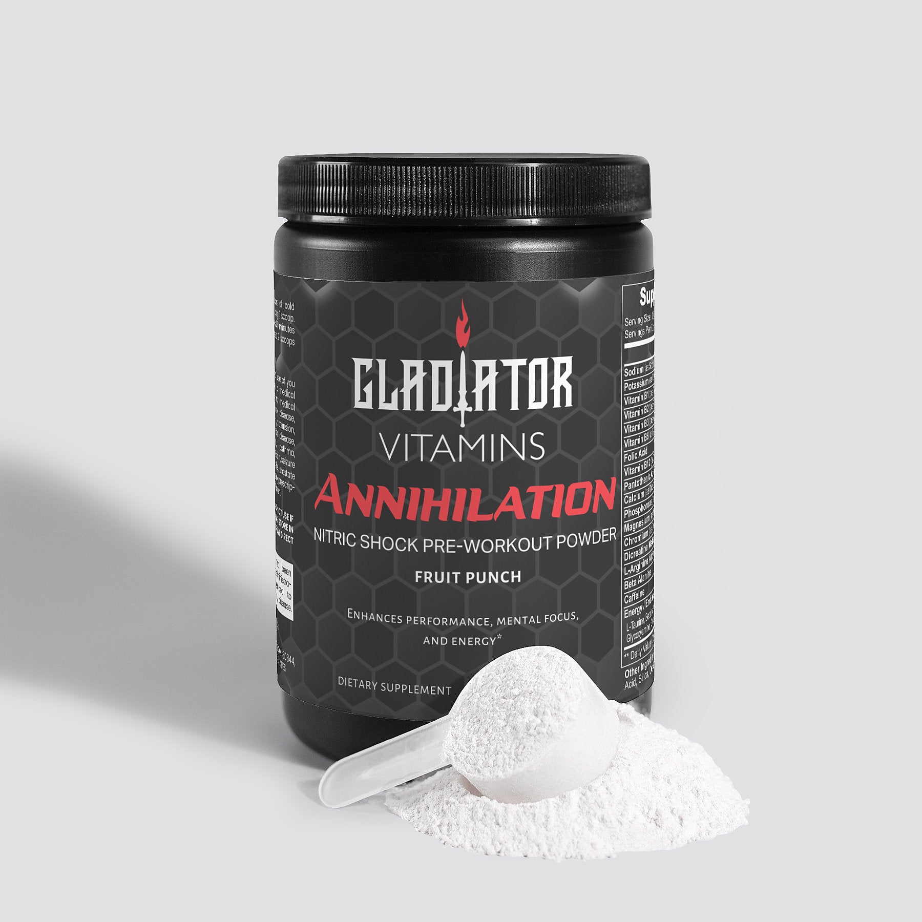 Annihilation | Nitric Shock Pre-Workout Powder (Fruit Punch) | Ignite your workout with Annihilation. 23 advanced nutrients boosts strength, endurance, and mental focus, helping you push limits and achieve peak performance. | $33.99 | Gladiator Vitamins