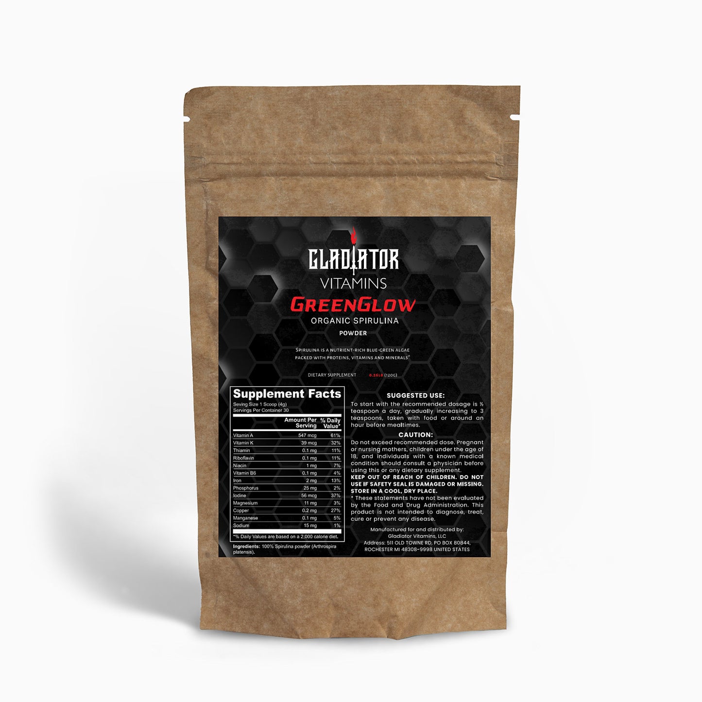 GreenGlow | Organic Spirulina Powder | Elevate your wellness with Organic Spirulina Powder. Protein, essential amino acids, and vital nutrients like iron and beta-carotene. Key to optimal health. | $20.99 | Gladiator Vitamins