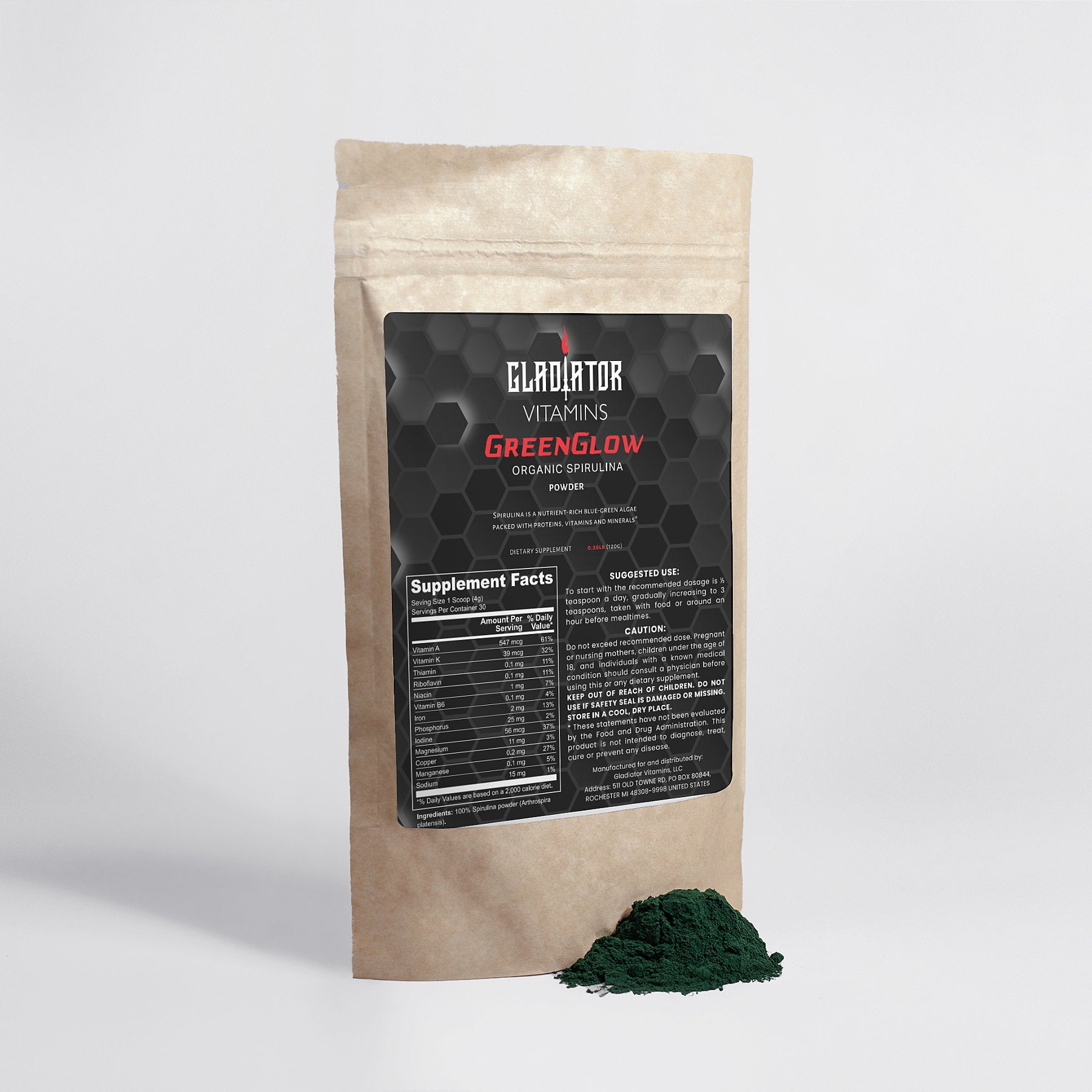 GreenGlow | Organic Spirulina Powder | Elevate your wellness with Organic Spirulina Powder. Protein, essential amino acids, and vital nutrients like iron and beta-carotene. Key to optimal health. | $20.99 | Gladiator Vitamins