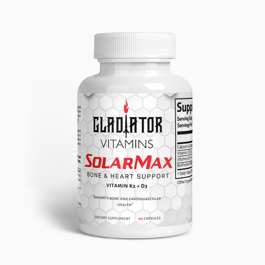 SolarMax | Vitamin D + K2 Bone & Heart Support | Enhance bone and heart health with SolarMax – a potent blend of Vitamin D3 and K2 for optimal calcium absorption and cardiovascular support. | $18.99 | Gladiator Vitamins