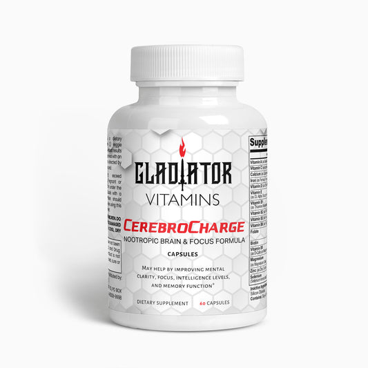 CerebroCharge | Nootropic Brain & Focus Formula | CerebroCharge Nootropic Brain & Focus Formula – a blend of amino acids and plant extracts designed to enhance focus, learning, and cognitive function. | $25.99 | Gladiator Vitamins