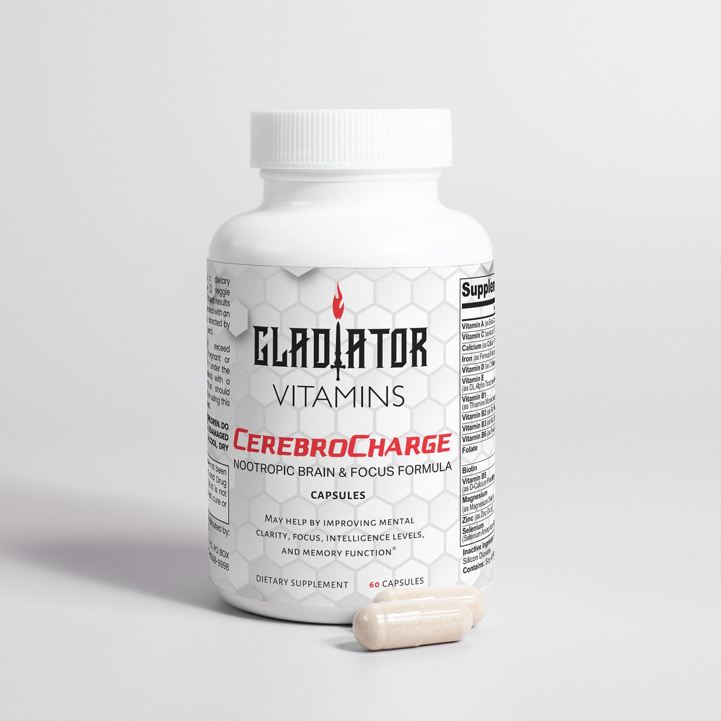 CerebroCharge | Nootropic Brain & Focus Formula | CerebroCharge Nootropic Brain & Focus Formula – a blend of amino acids and plant extracts designed to enhance focus, learning, and cognitive function. | $25.99 | Gladiator Vitamins