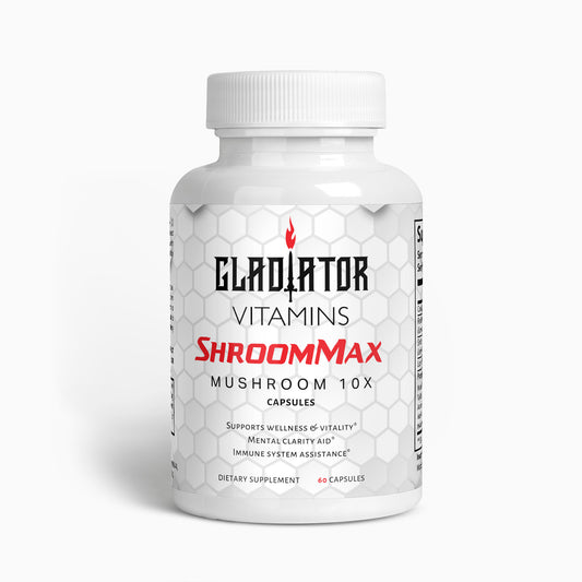 ShroomMax | Mushroom 10X Complex | Fuel your well-being with ShroomMax. Blend of Chaga, Cordyceps, Reishi, and Lion’s Mane supports brain health, strengthens immunity, and helps manage stress. | $22.99 | Gladiator Vitamins