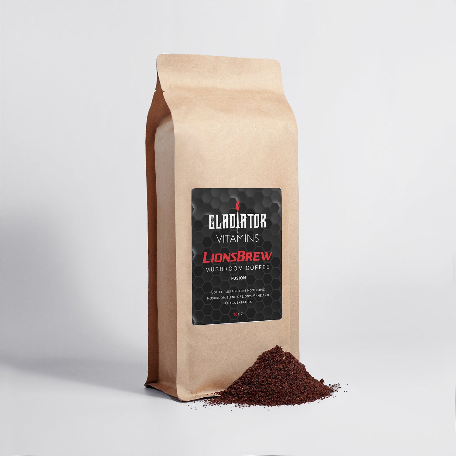 LionsBrew | Lions Mane & Chaga Mushroom Infused Coffee | Awaken your mornings with LionsBrew. Enjoy dark roast Brazilian coffee with 1200mg of Lion's Mane & Chaga for a boost in brain and body health! | $25.99 | Gladiator Vitamins