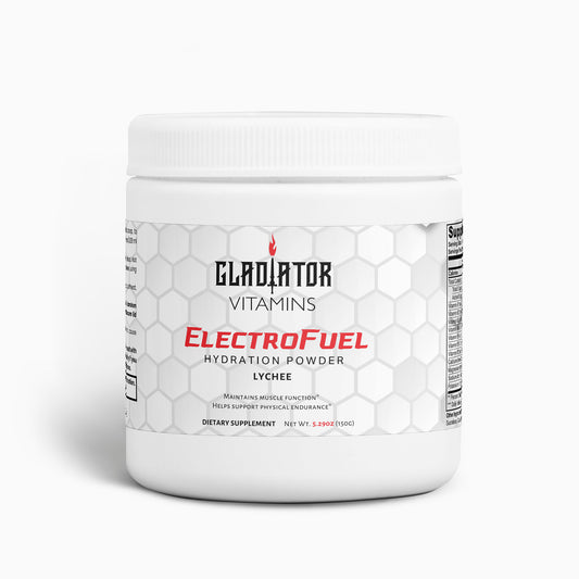 ElectroFuel | Hydration Powder (Lychee) | Stay hydrated and energized! This sugar-free, caffeine-free drink delivers essential electrolytes and a unique flavor. Perfect for all-day hydration. | $24.99 | Gladiator Vitamins