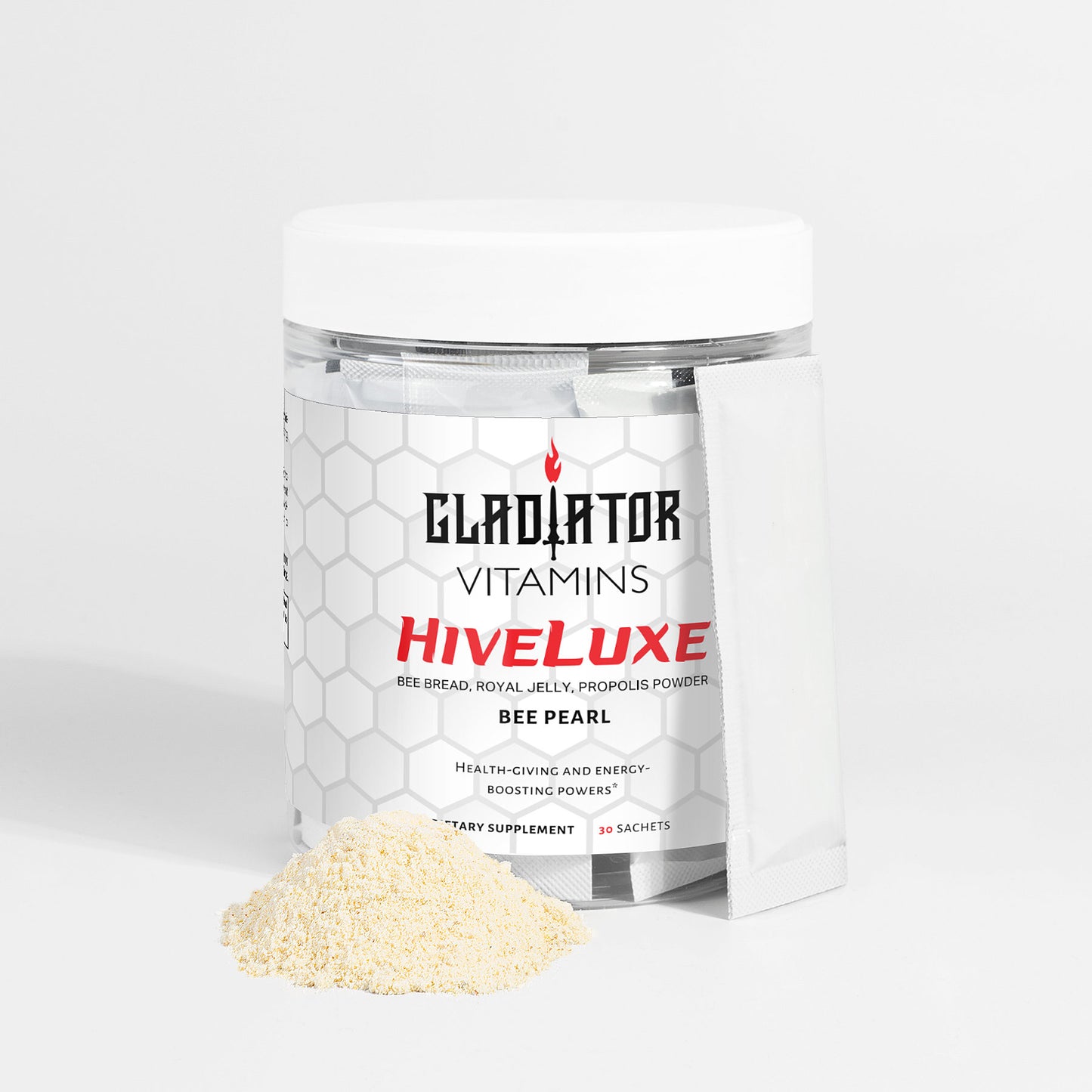 HiveLuxe | Bee Bread, Royal Jelly, Propolis Powder | Boost your day with HiveLuxe Bee Bread Packets! Packed with vitamins, minerals, and antioxidants, this blend supports energy, immunity, and overall wellness. | $29.99 | Gladiator Vitamins