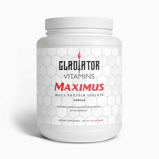 Maximus | 100% Whey Protein Isolate (Vanilla) | Boost muscle recovery with 22g whey protein isolate per serving, plus vanilla flavor, digestive support, and MCT oil for energy. | $39.99 | Gladiator Vitamins