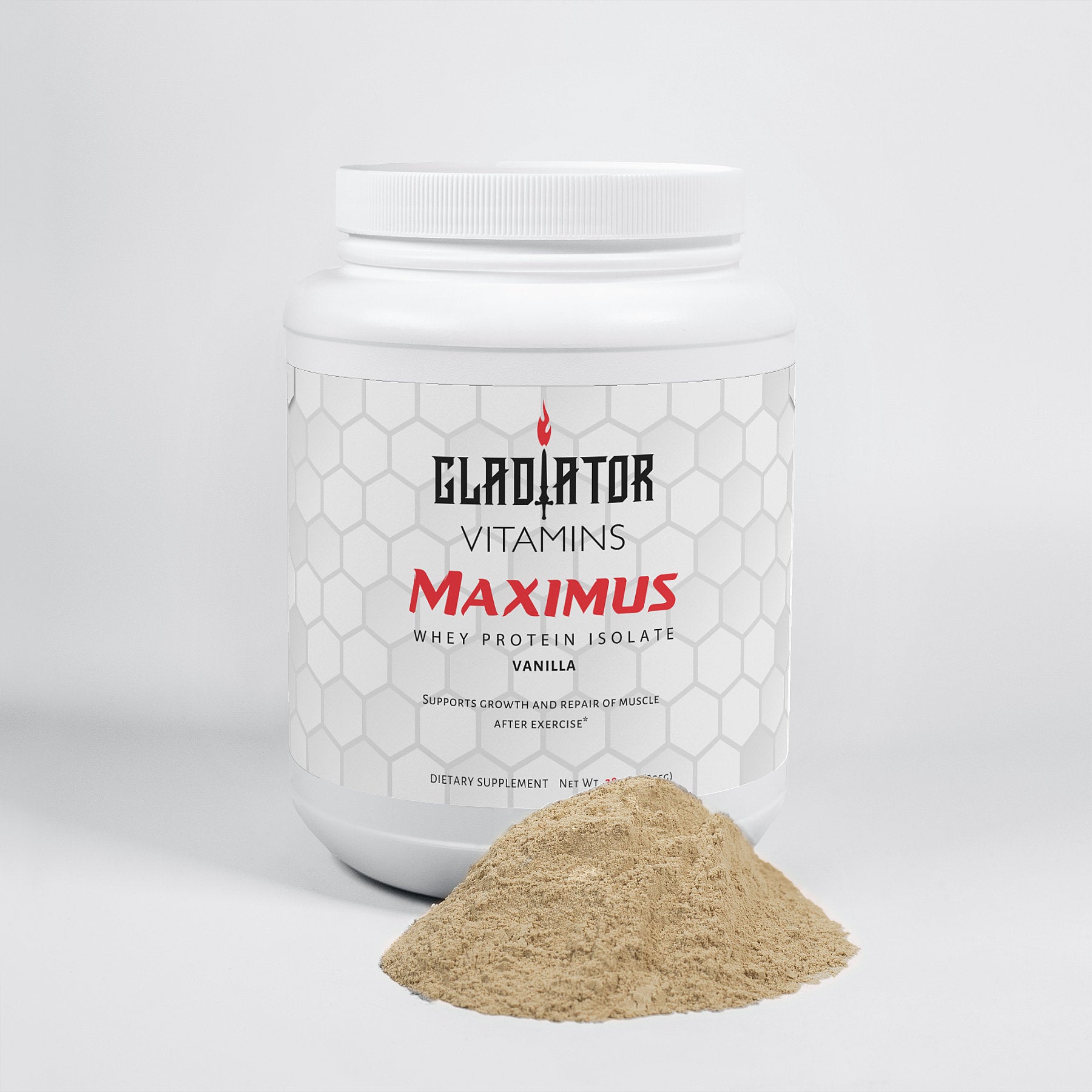 Maximus | 100% Whey Protein Isolate (Vanilla) | Boost muscle recovery with 22g whey protein isolate per serving, plus vanilla flavor, digestive support, and MCT oil for energy. | $39.99 | Gladiator Vitamins