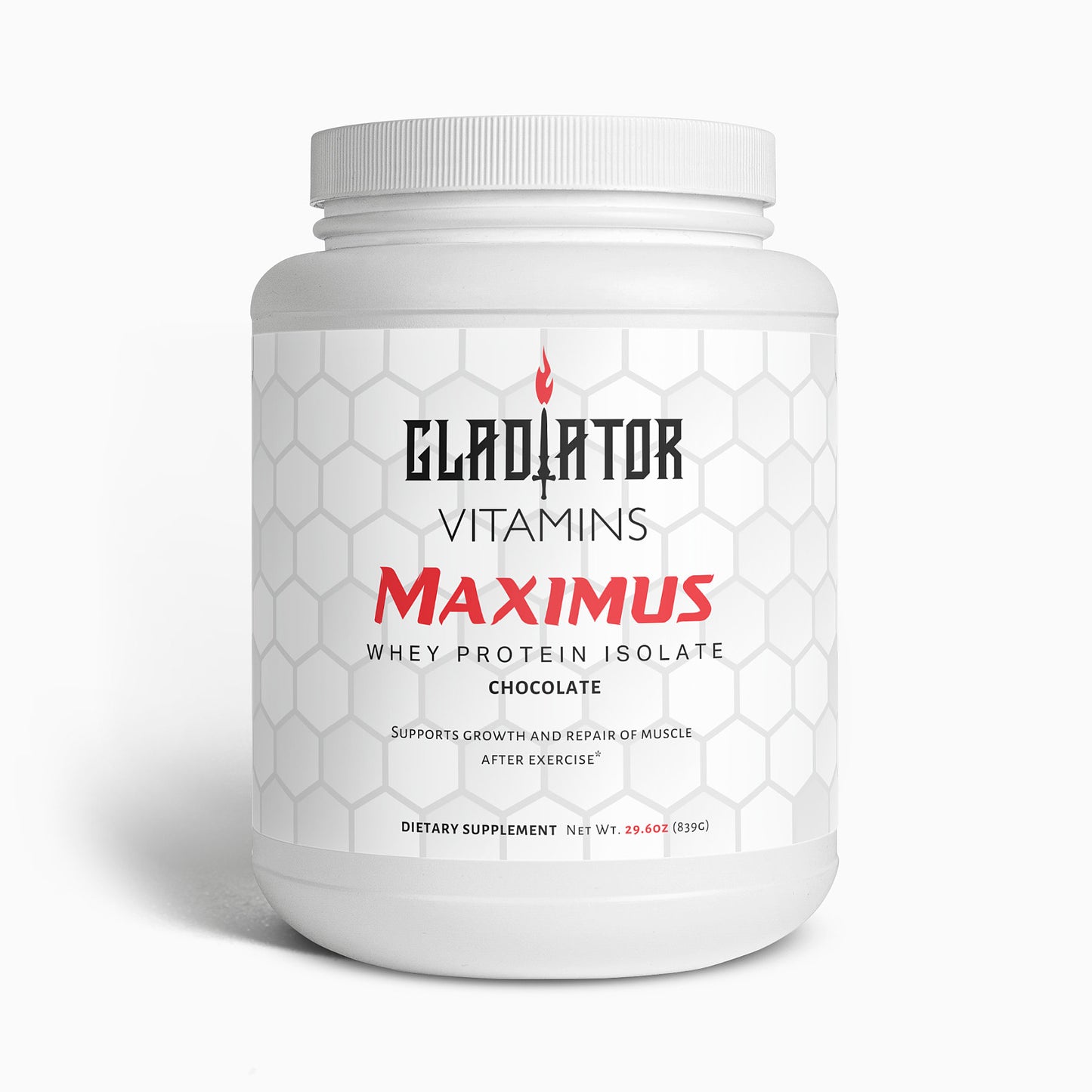 Maximus | 100% Whey Protein Isolate (Chocolate) | Boost muscle recovery with 22g whey protein isolate per serving, plus chocolate flavor, digestive support, and MCT oil for energy. | $39.99 | Gladiator Vitamins