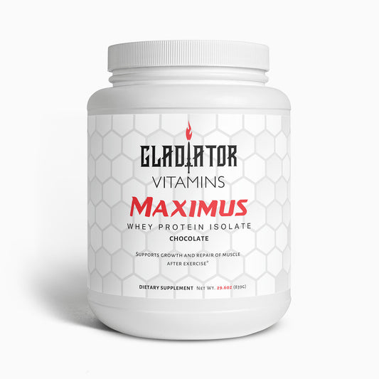 Maximus | 100% Whey Protein Isolate (Chocolate) | Boost muscle recovery with 22g whey protein isolate per serving, plus chocolate flavor, digestive support, and MCT oil for energy. | $39.99 | Gladiator Vitamins