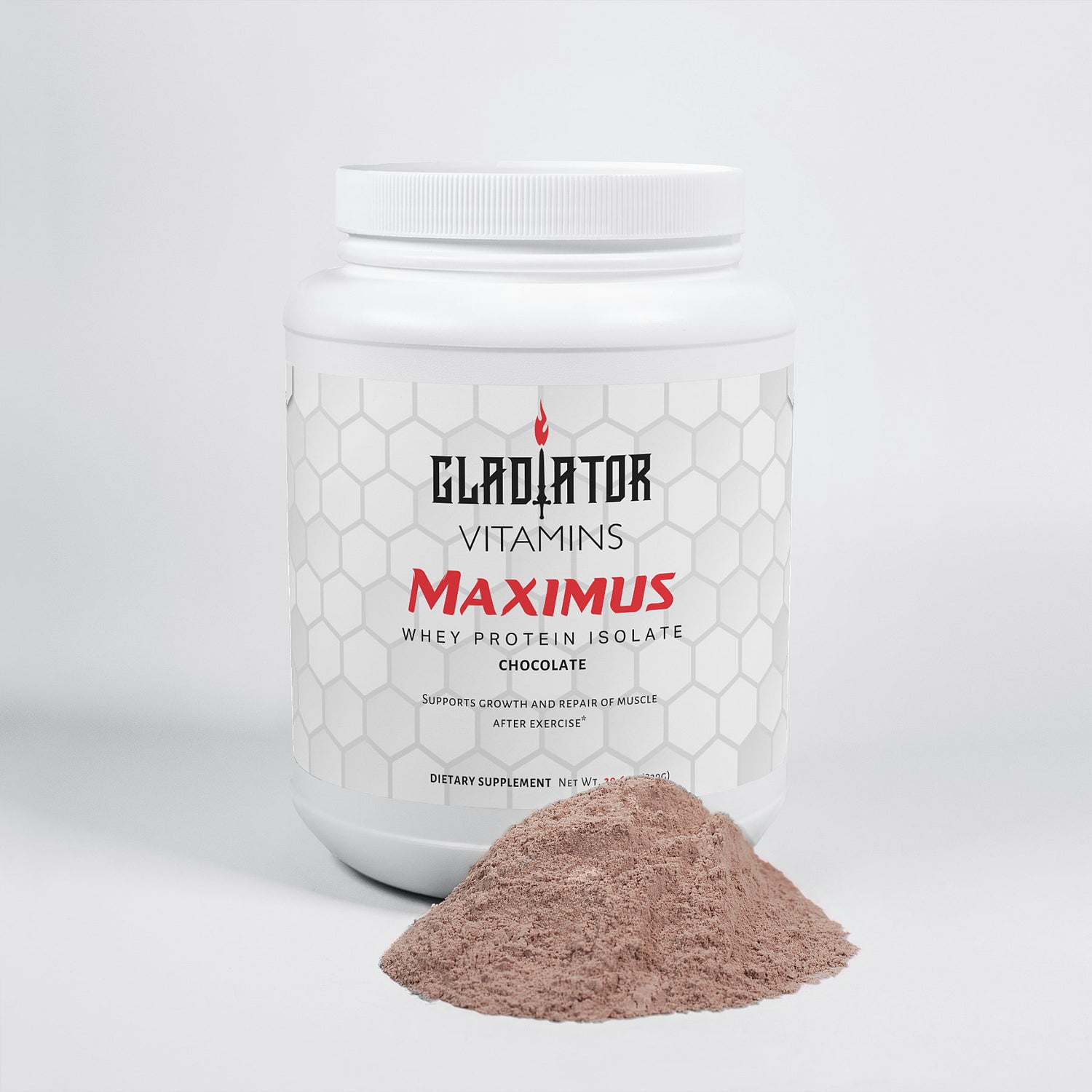 Maximus | 100% Whey Protein Isolate (Chocolate) | Boost muscle recovery with 22g whey protein isolate per serving, plus chocolate flavor, digestive support, and MCT oil for energy. | $39.99 | Gladiator Vitamins